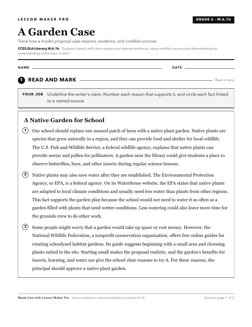 Preview of the CCSS.ELA-Literacy.W.6.1b printable worksheet