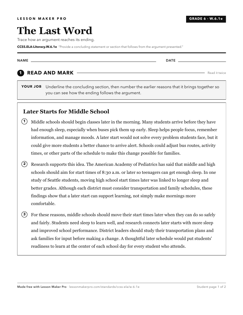 Preview of the CCSS.ELA-Literacy.W.6.1e printable worksheet
