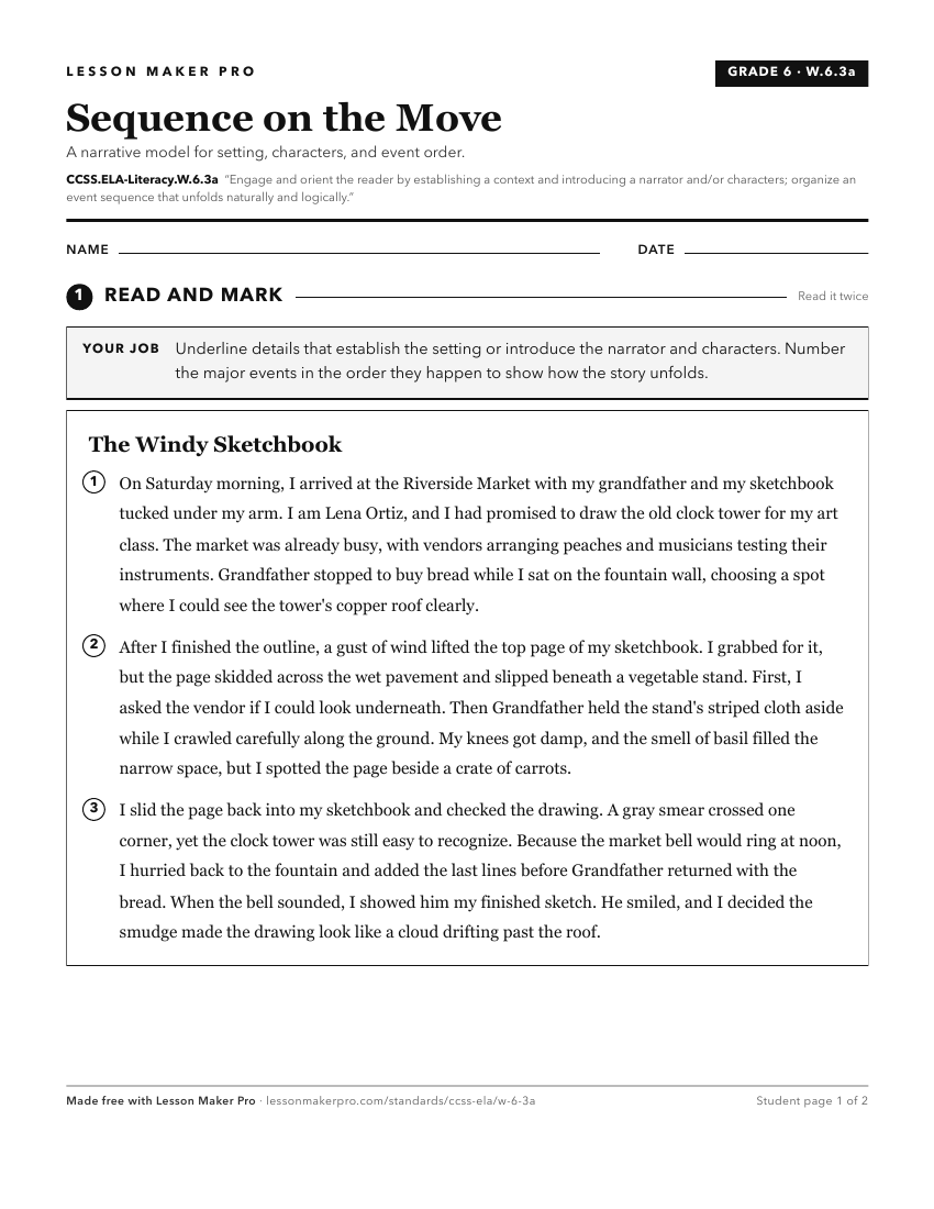 Preview of the CCSS.ELA-Literacy.W.6.3a printable worksheet