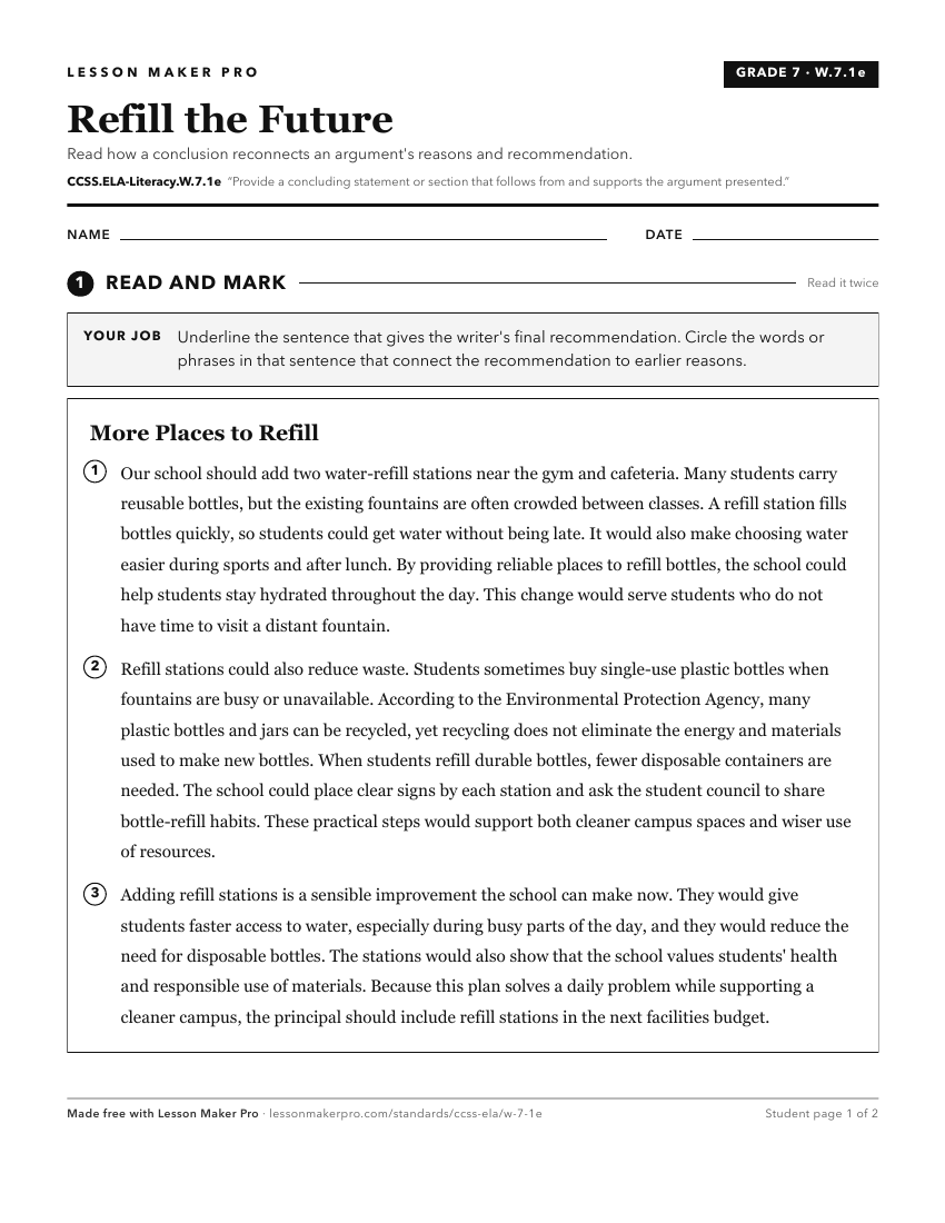 Preview of the CCSS.ELA-Literacy.W.7.1e printable worksheet