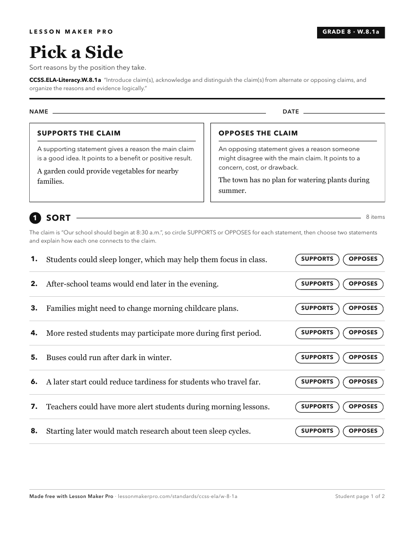 Preview of the CCSS.ELA-Literacy.W.8.1a printable worksheet