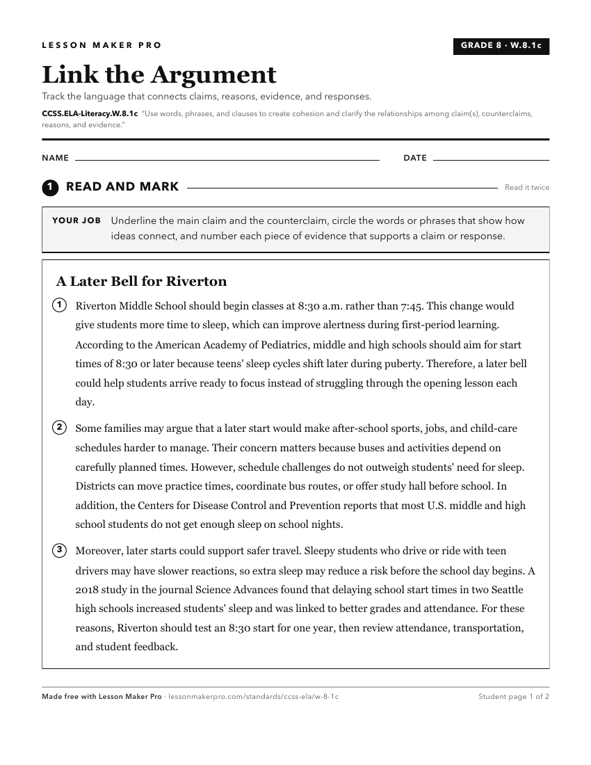 Preview of the CCSS.ELA-Literacy.W.8.1c printable worksheet