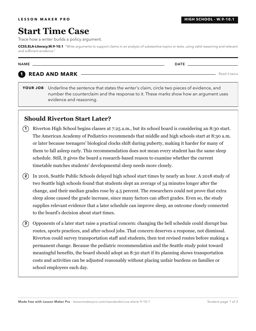 Preview of the CCSS.ELA-Literacy.W.9-10.1 printable worksheet