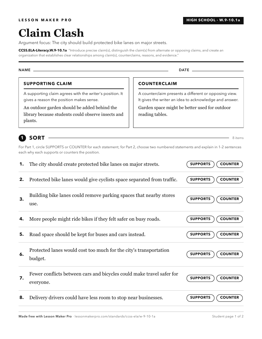 Preview of the CCSS.ELA-Literacy.W.9-10.1a printable worksheet