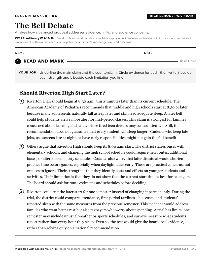 Preview of the CCSS.ELA-Literacy.W.9-10.1b printable worksheet