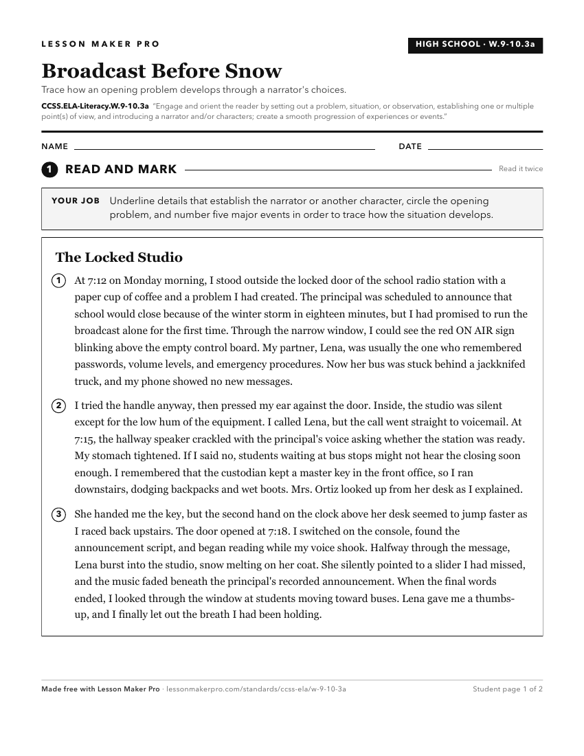Preview of the CCSS.ELA-Literacy.W.9-10.3a printable worksheet