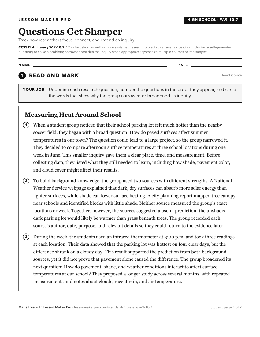 Preview of the CCSS.ELA-Literacy.W.9-10.7 printable worksheet