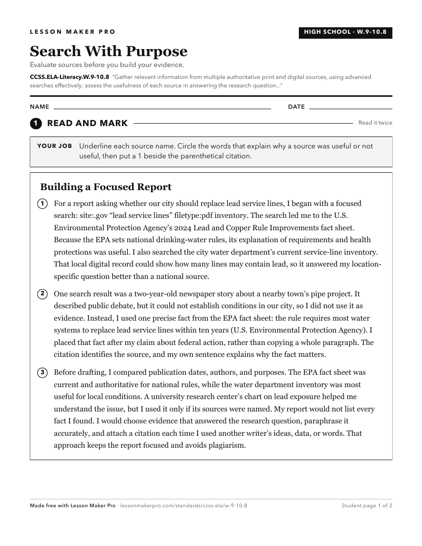 Preview of the CCSS.ELA-Literacy.W.9-10.8 printable worksheet
