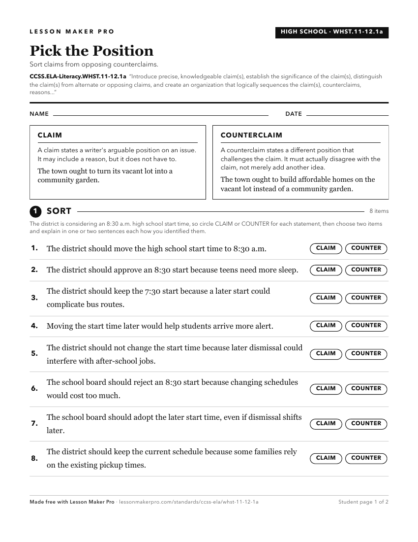 Preview of the CCSS.ELA-Literacy.WHST.11-12.1a printable worksheet