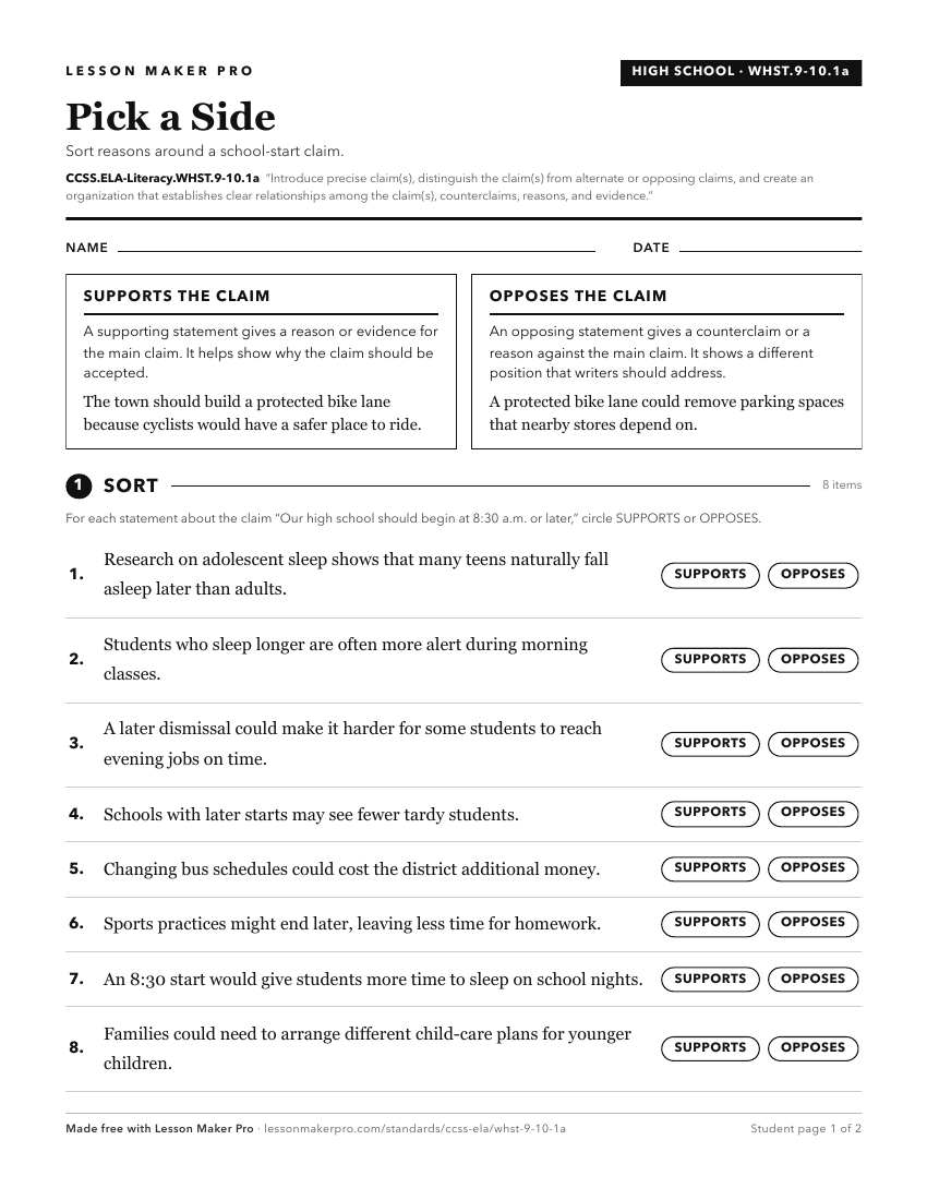 Preview of the CCSS.ELA-Literacy.WHST.9-10.1a printable worksheet