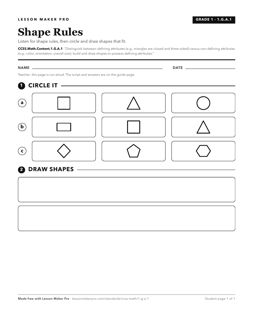 Preview of the CCSS.Math.Content.1.G.A.1 printable worksheet