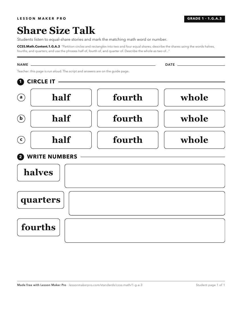 Preview of the CCSS.Math.Content.1.G.A.3 printable worksheet