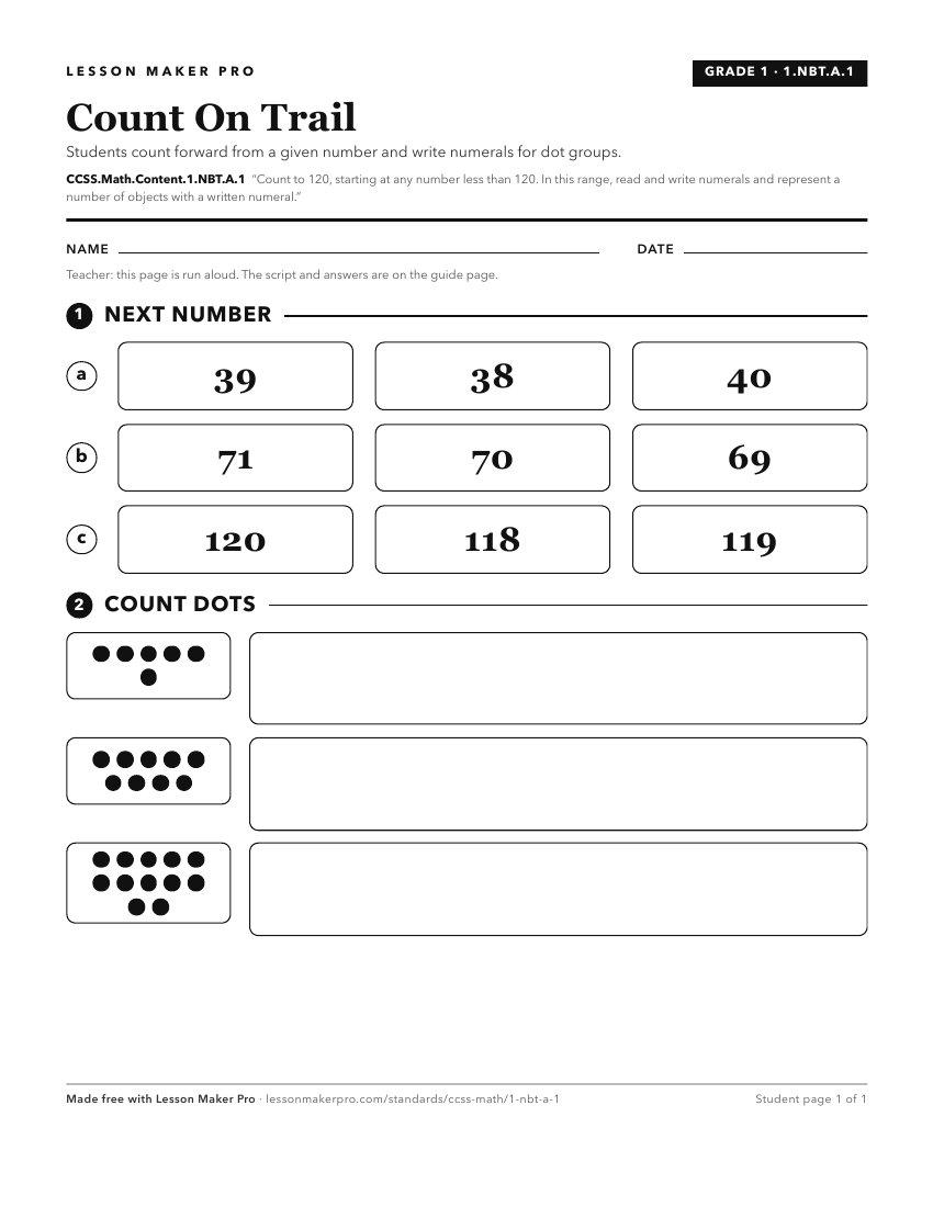 Preview of the CCSS.Math.Content.1.NBT.A.1 printable worksheet