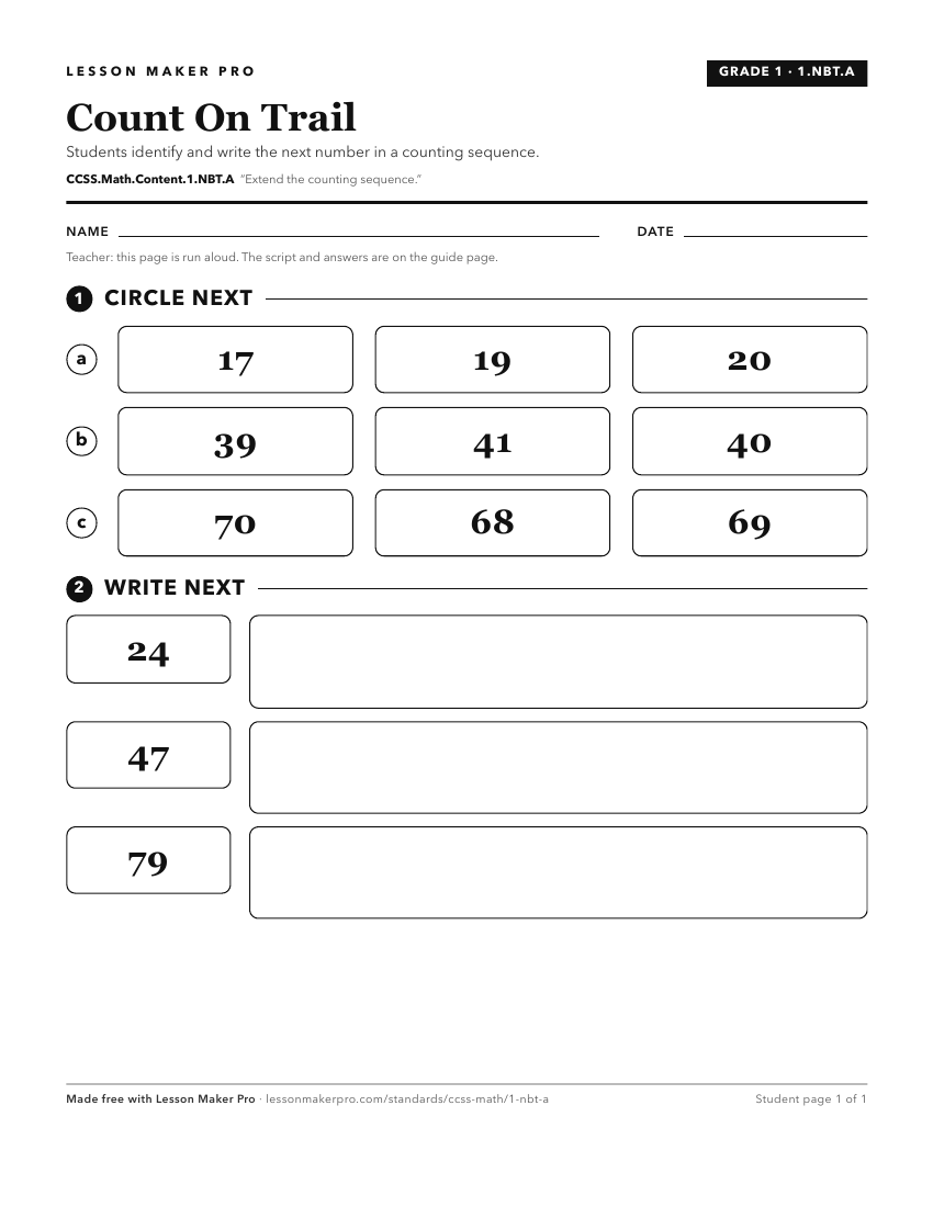 Preview of the CCSS.Math.Content.1.NBT.A printable worksheet