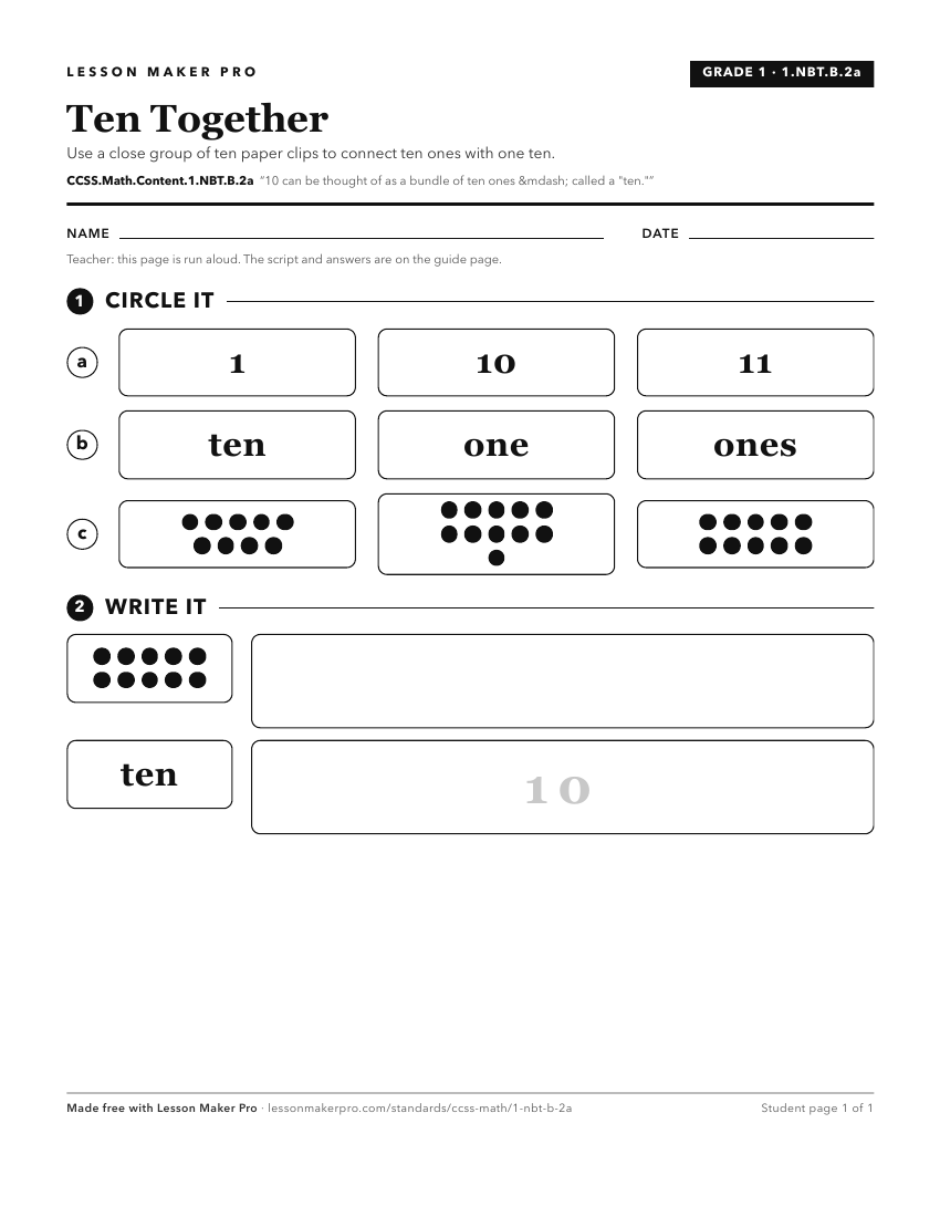 Preview of the CCSS.Math.Content.1.NBT.B.2a printable worksheet