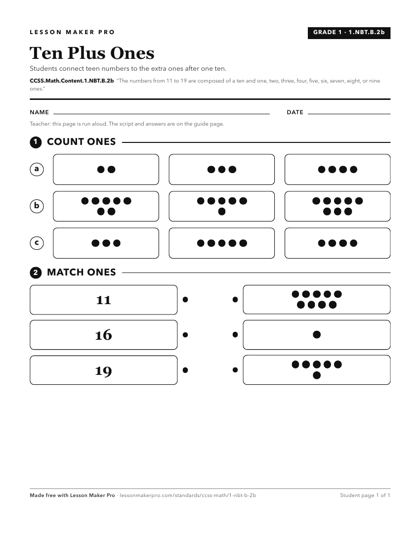 Preview of the CCSS.Math.Content.1.NBT.B.2b printable worksheet