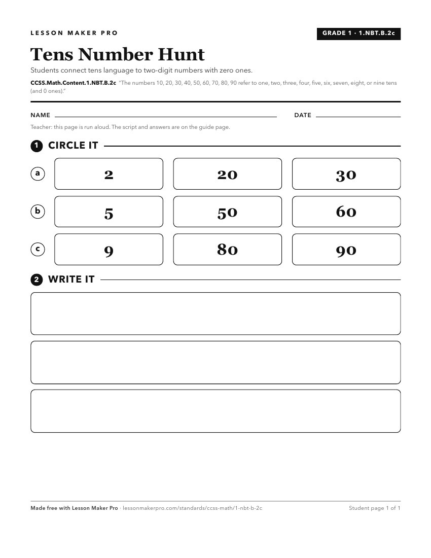 Preview of the CCSS.Math.Content.1.NBT.B.2c printable worksheet