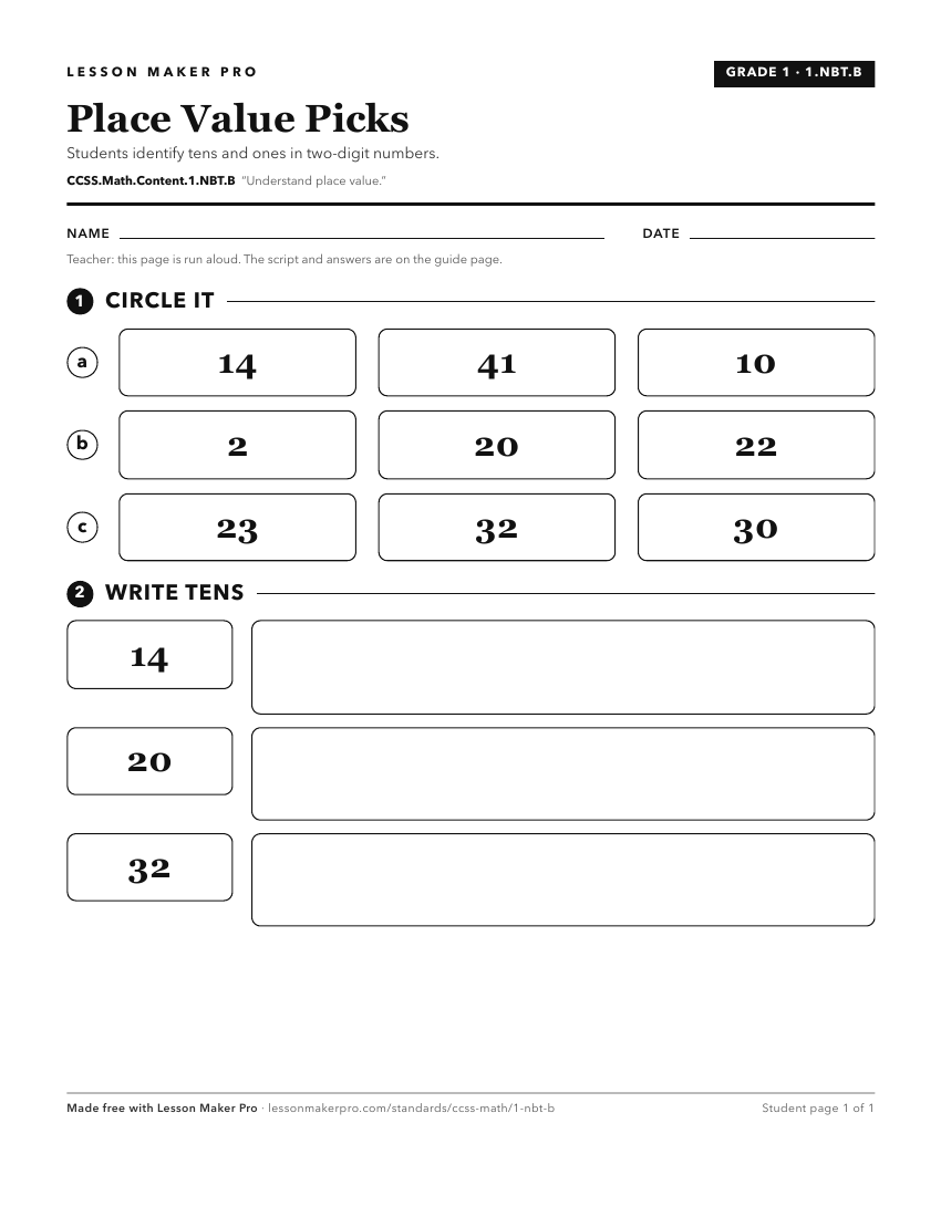 Preview of the CCSS.Math.Content.1.NBT.B printable worksheet