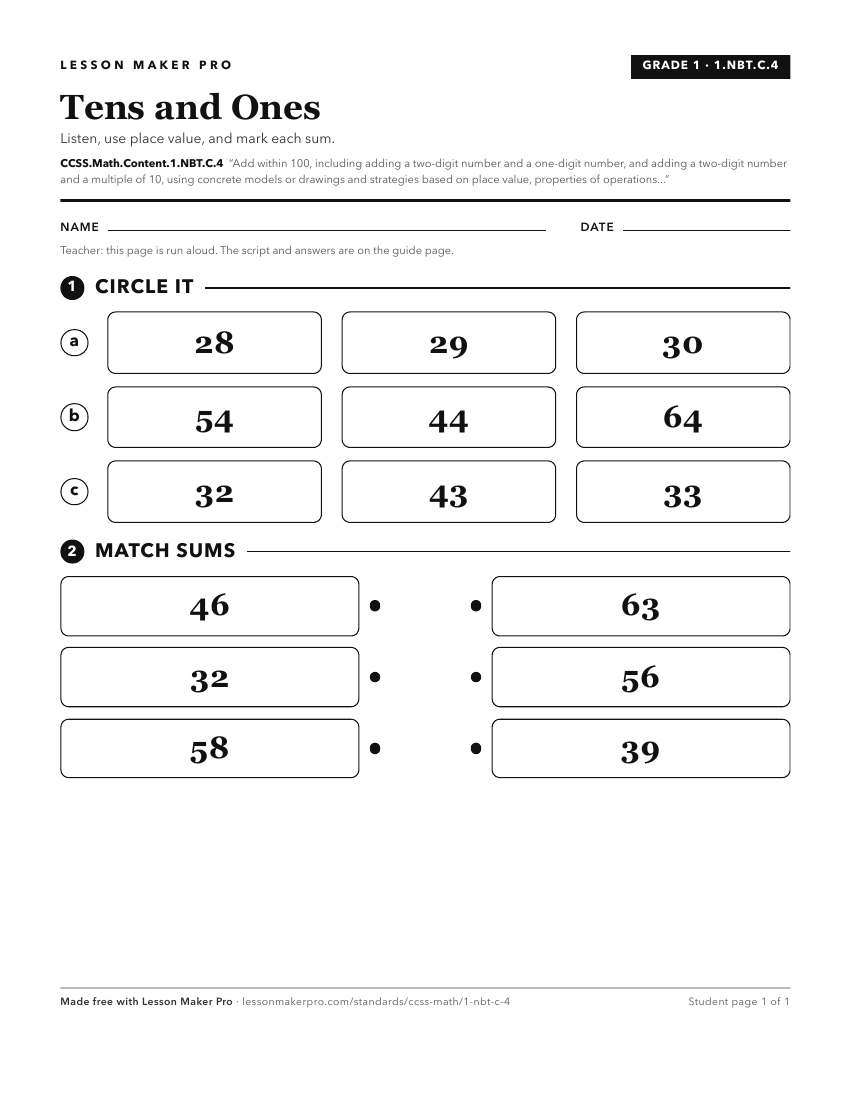Preview of the CCSS.Math.Content.1.NBT.C.4 printable worksheet