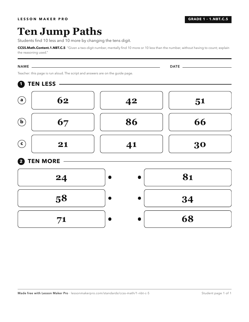 Preview of the CCSS.Math.Content.1.NBT.C.5 printable worksheet