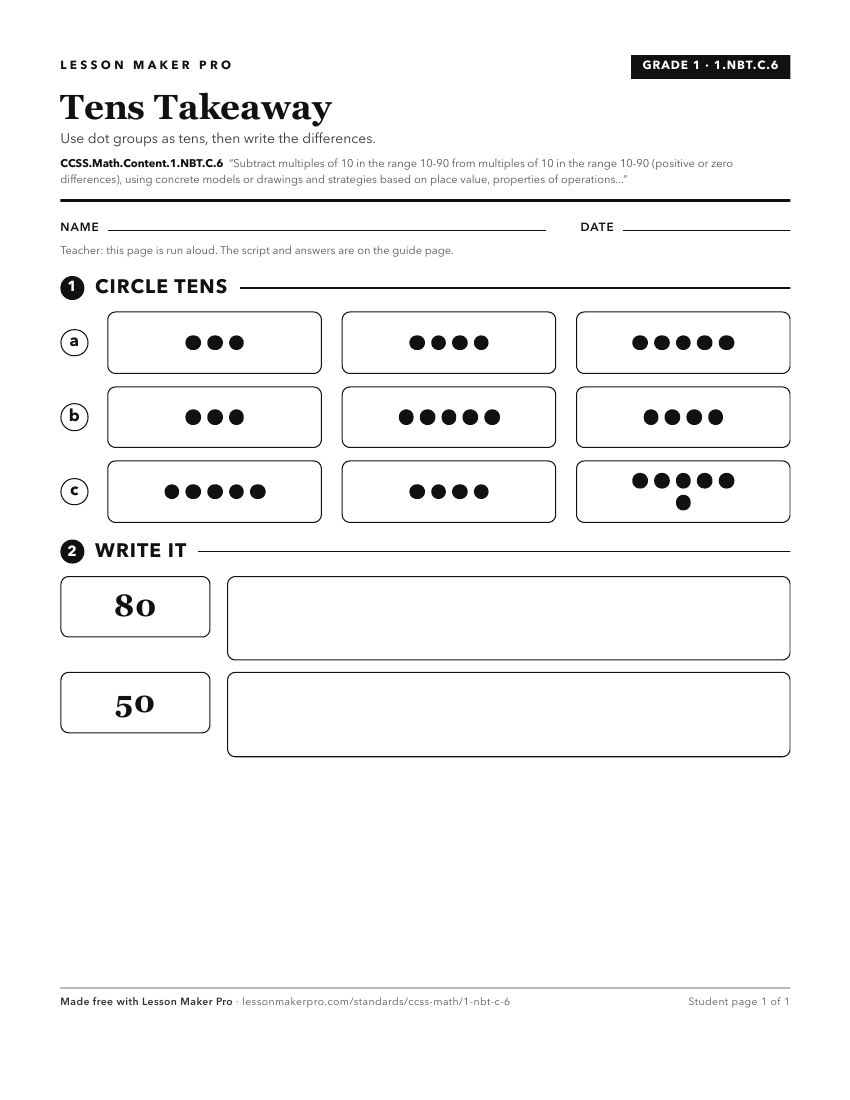 Preview of the CCSS.Math.Content.1.NBT.C.6 printable worksheet