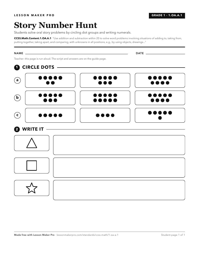 Preview of the CCSS.Math.Content.1.OA.A.1 printable worksheet