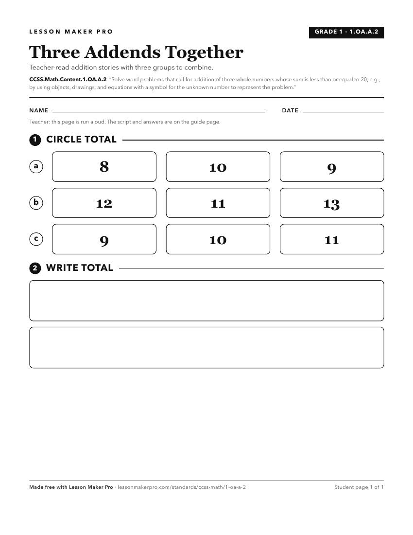 Preview of the CCSS.Math.Content.1.OA.A.2 printable worksheet