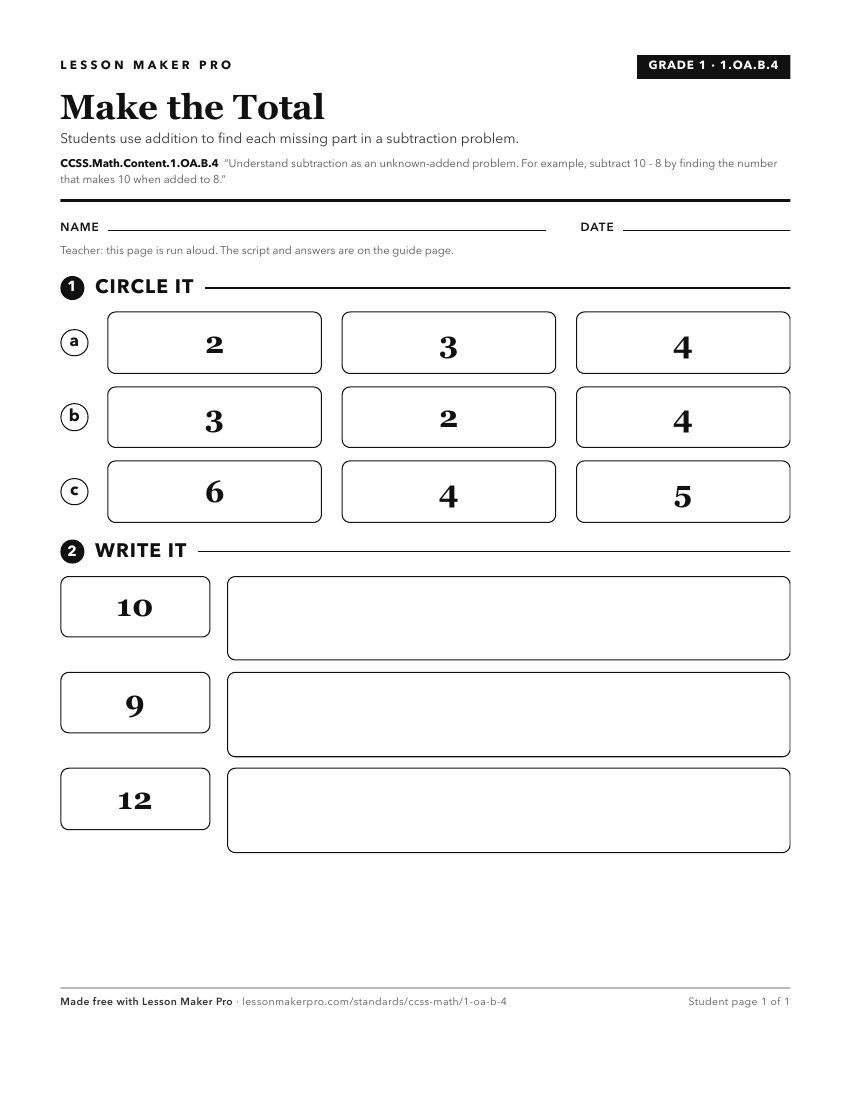 Preview of the CCSS.Math.Content.1.OA.B.4 printable worksheet