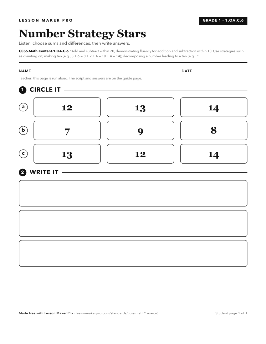 Preview of the CCSS.Math.Content.1.OA.C.6 printable worksheet