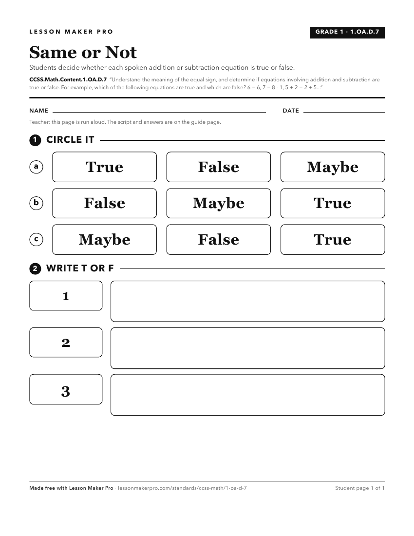Preview of the CCSS.Math.Content.1.OA.D.7 printable worksheet