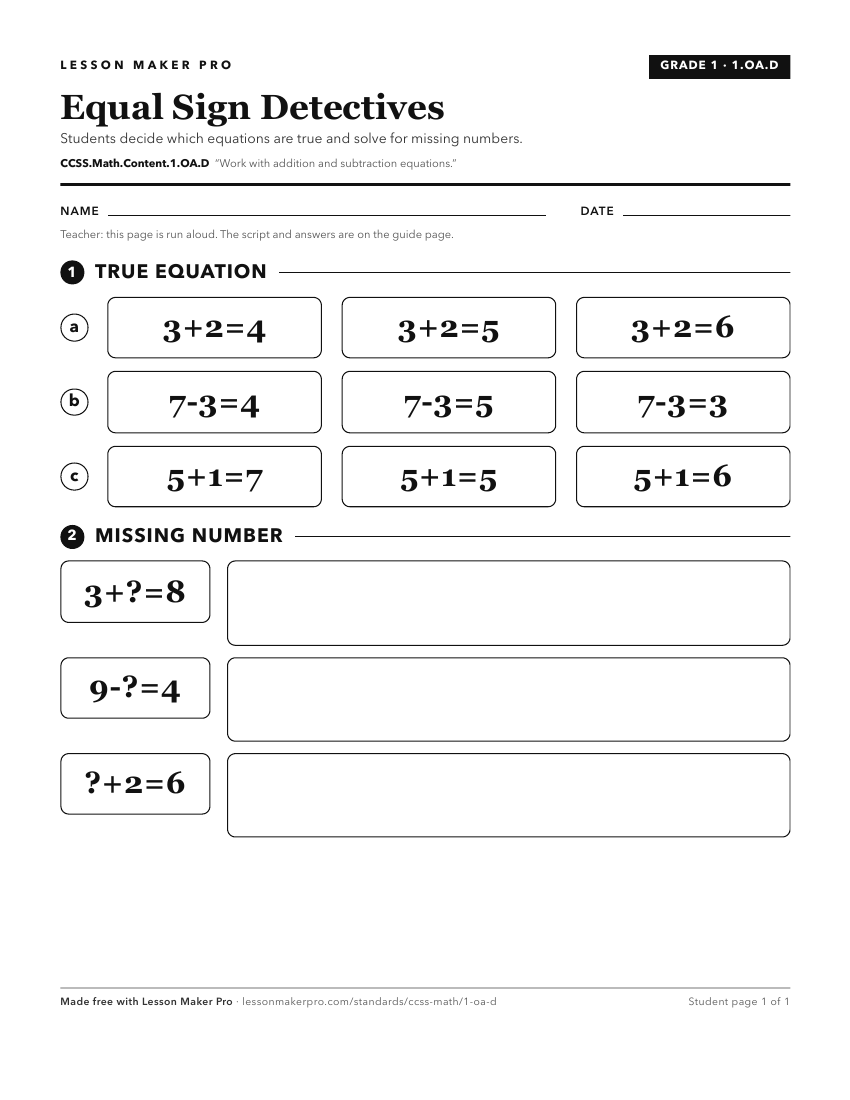 Preview of the CCSS.Math.Content.1.OA.D printable worksheet