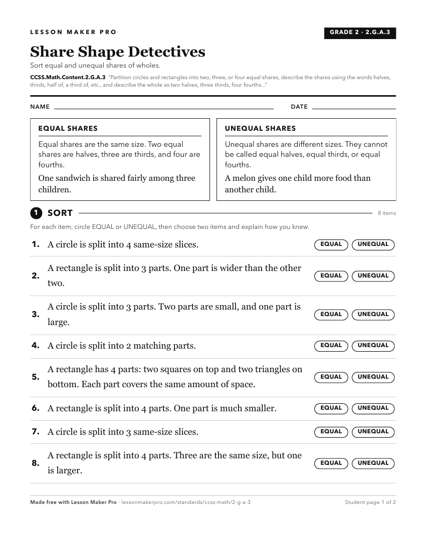 Preview of the CCSS.Math.Content.2.G.A.3 printable worksheet