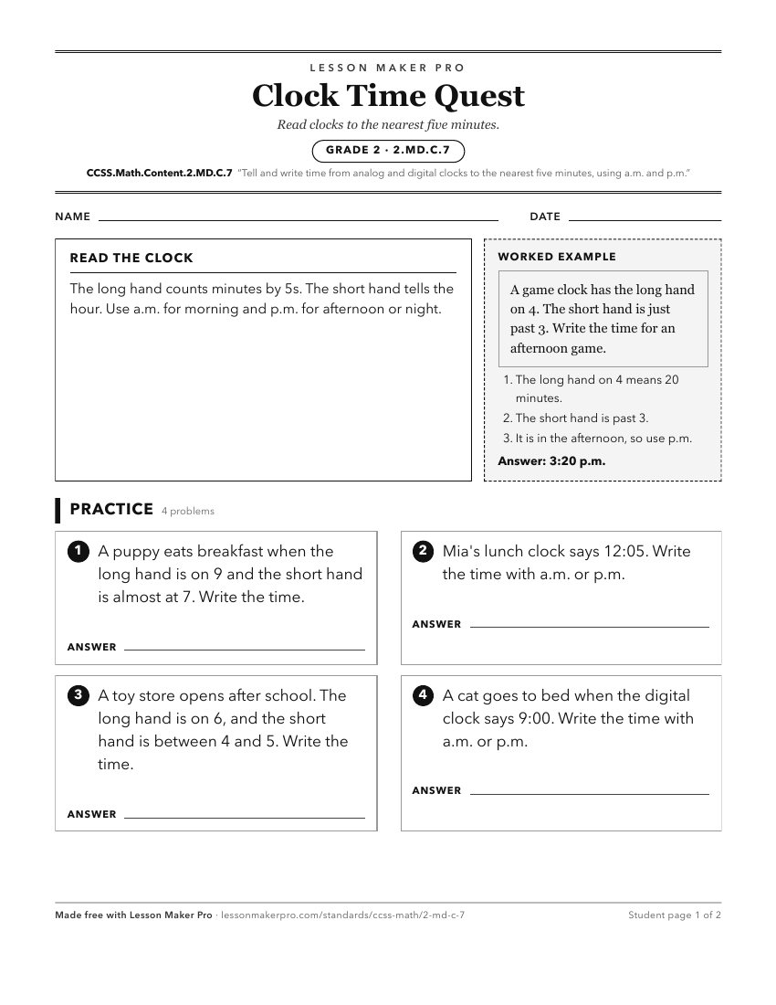 Preview of the CCSS.Math.Content.2.MD.C.7 printable worksheet