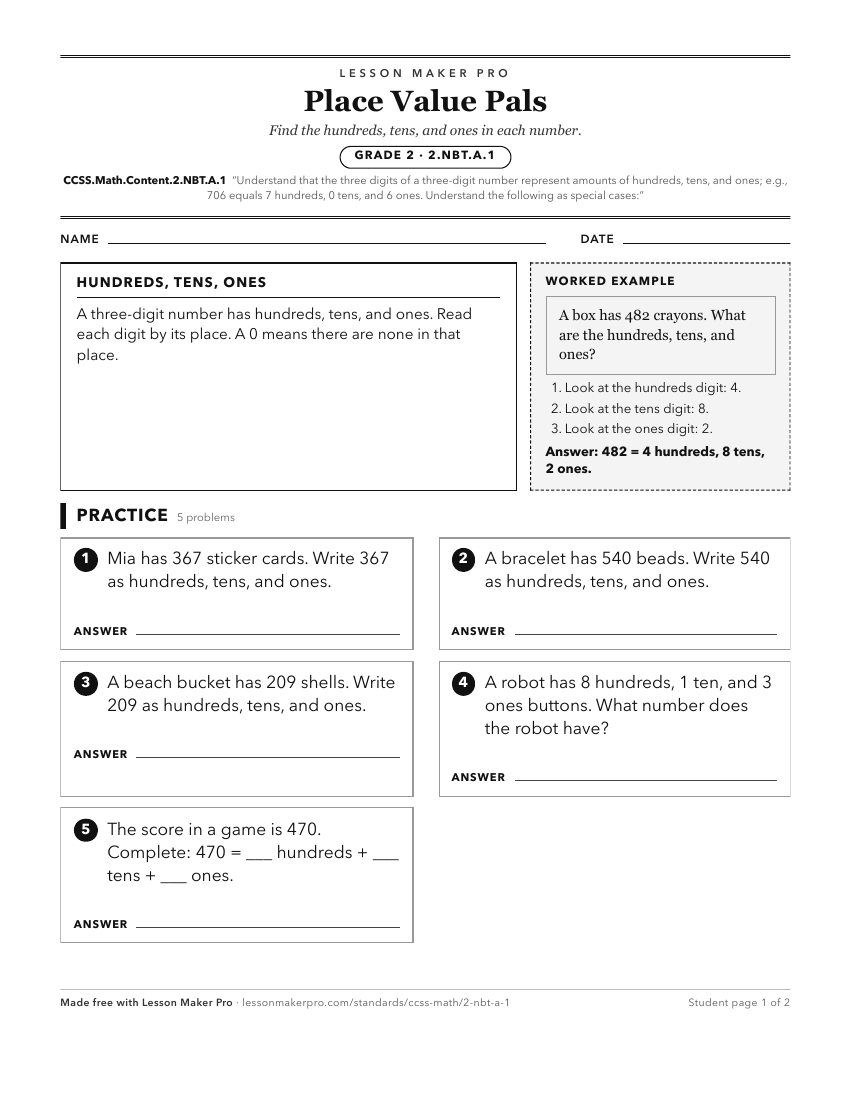 Preview of the CCSS.Math.Content.2.NBT.A.1 printable worksheet