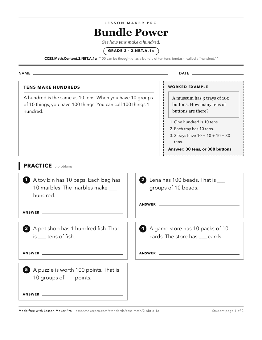 Preview of the CCSS.Math.Content.2.NBT.A.1a printable worksheet