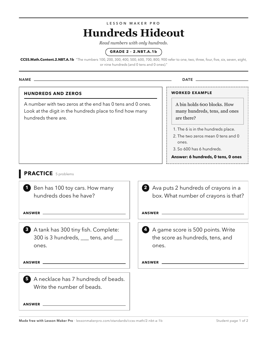 Preview of the CCSS.Math.Content.2.NBT.A.1b printable worksheet