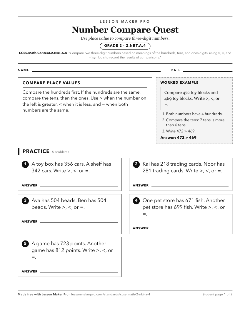 Preview of the CCSS.Math.Content.2.NBT.A.4 printable worksheet