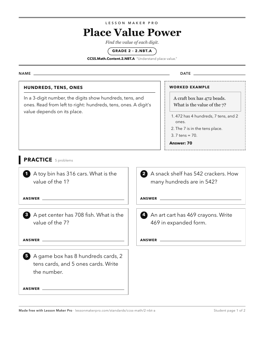 Preview of the CCSS.Math.Content.2.NBT.A printable worksheet