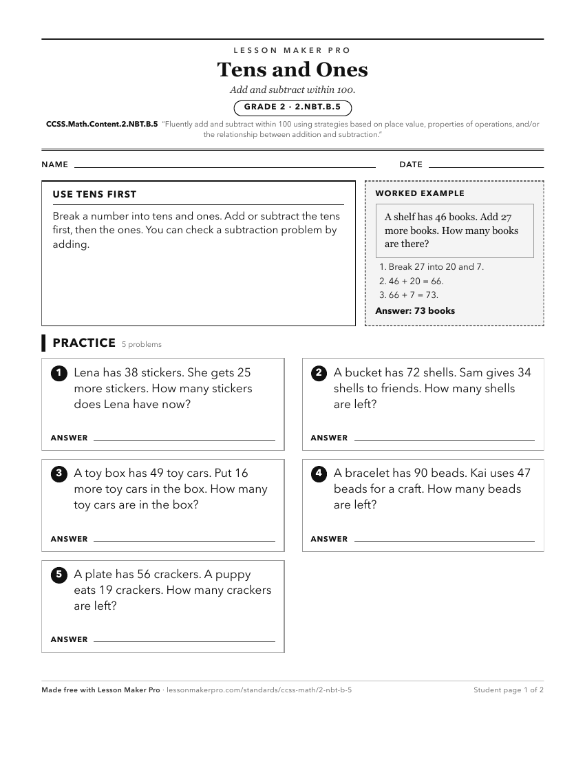 Preview of the CCSS.Math.Content.2.NBT.B.5 printable worksheet
