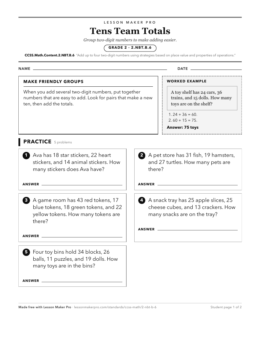 Preview of the CCSS.Math.Content.2.NBT.B.6 printable worksheet