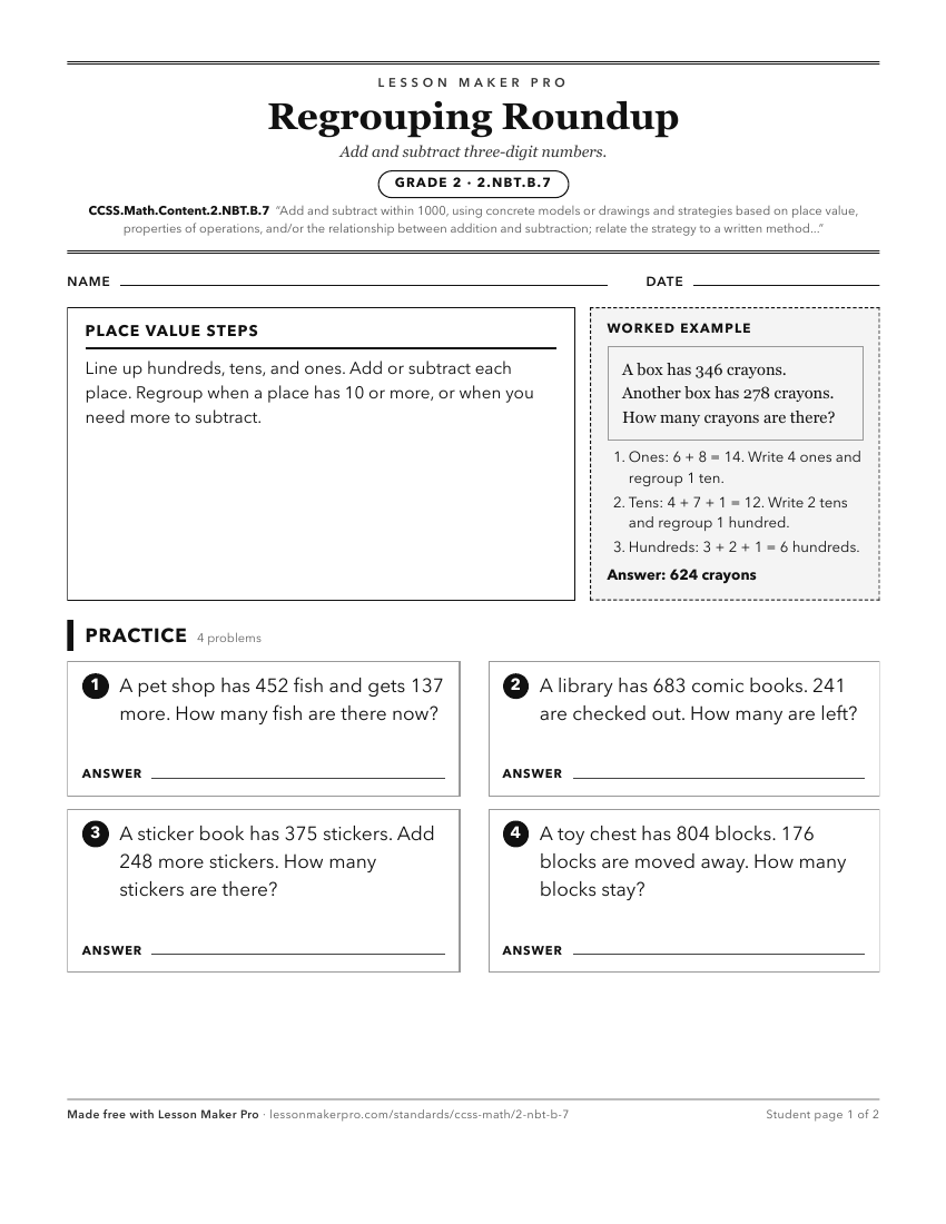 Preview of the CCSS.Math.Content.2.NBT.B.7 printable worksheet