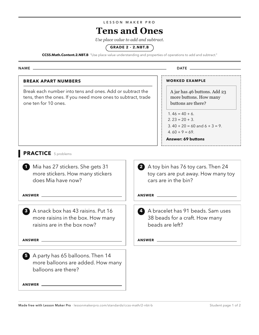 Preview of the CCSS.Math.Content.2.NBT.B printable worksheet