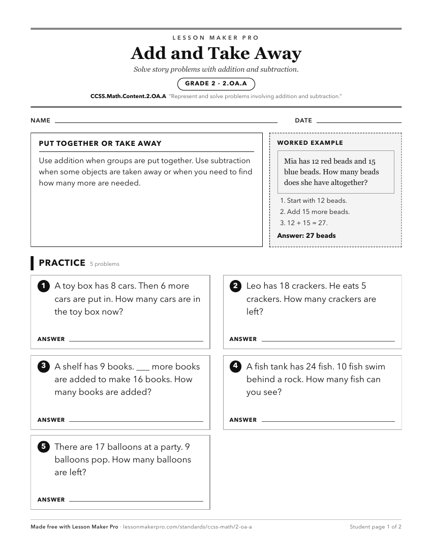Preview of the CCSS.Math.Content.2.OA.A printable worksheet