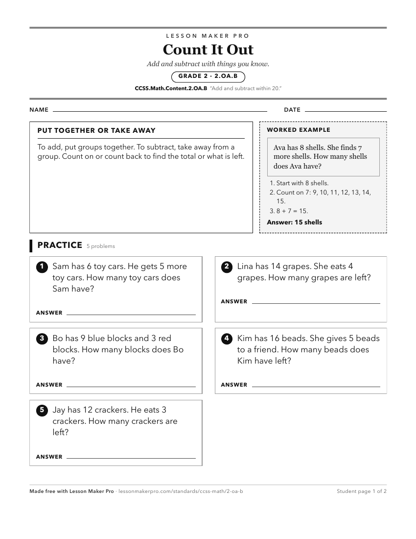 Preview of the CCSS.Math.Content.2.OA.B printable worksheet