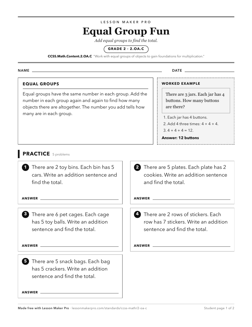 Preview of the CCSS.Math.Content.2.OA.C printable worksheet