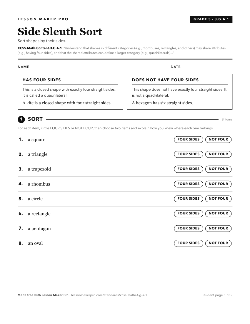 Preview of the CCSS.Math.Content.3.G.A.1 printable worksheet