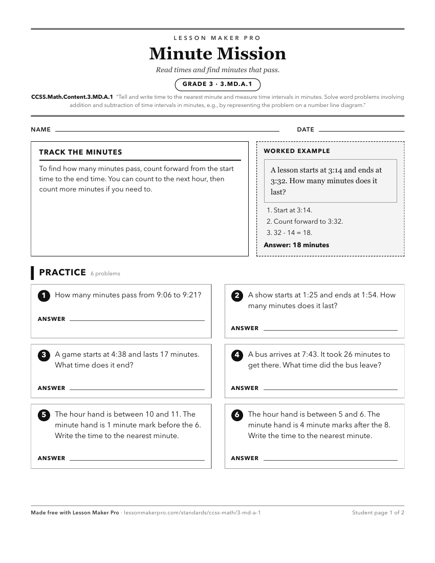 Preview of the CCSS.Math.Content.3.MD.A.1 printable worksheet