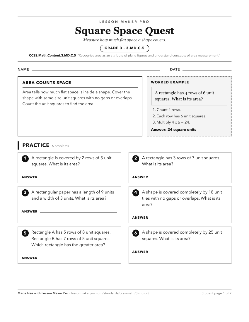 Preview of the CCSS.Math.Content.3.MD.C.5 printable worksheet