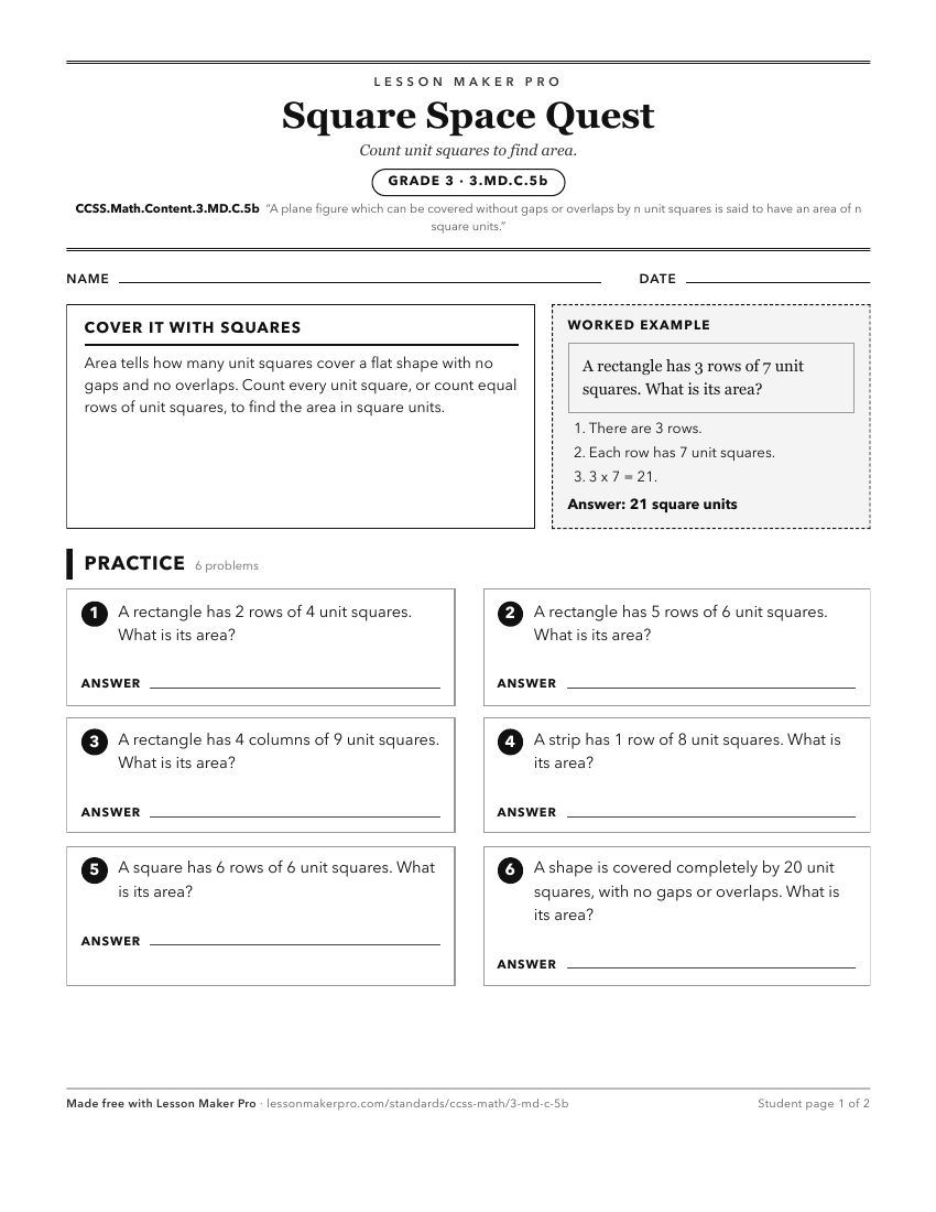 Preview of the CCSS.Math.Content.3.MD.C.5b printable worksheet