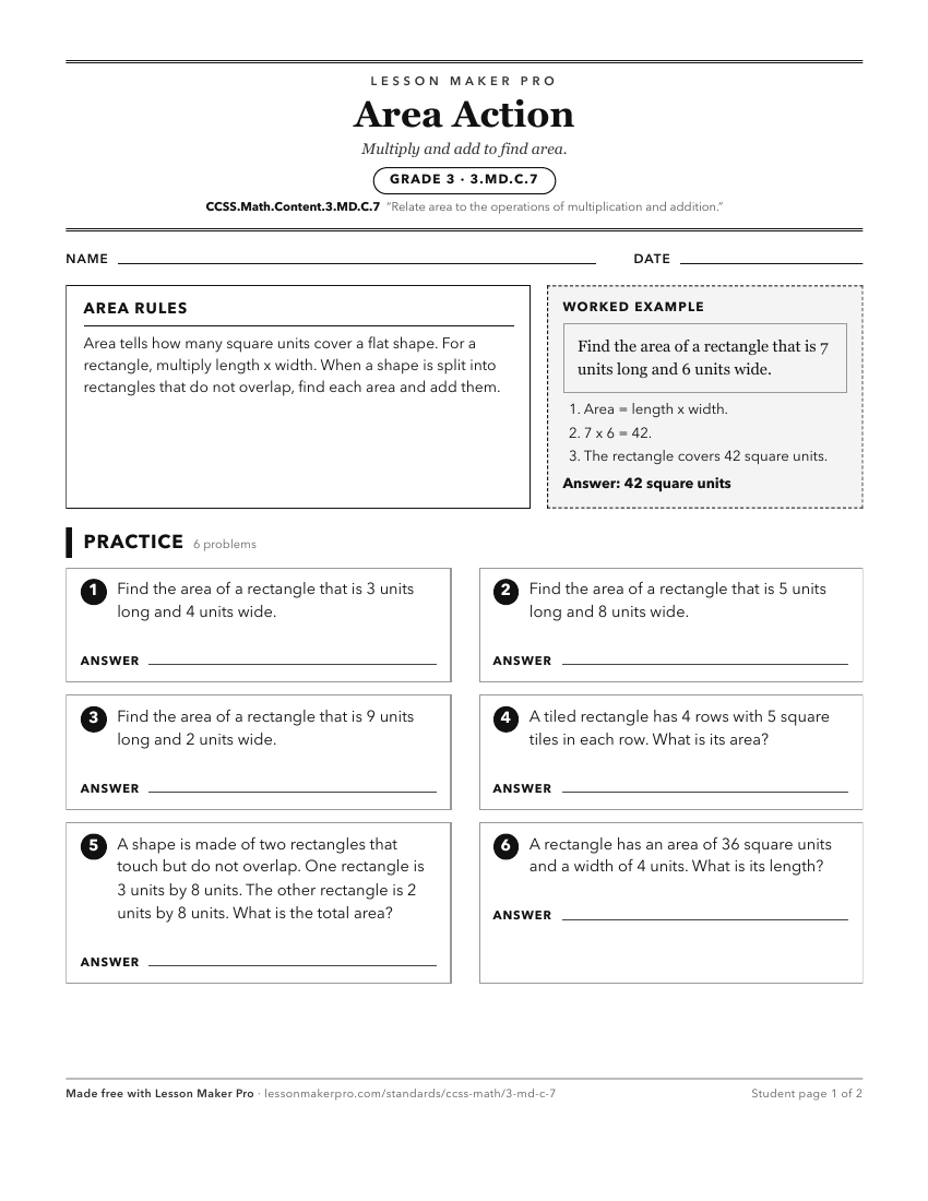 Preview of the CCSS.Math.Content.3.MD.C.7 printable worksheet